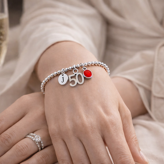 Personalised 50th Birthday Bracelet for Women – Silver Charm Keepsake Gift for Mum or Her