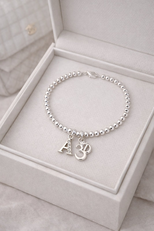 Personalised Silver Om Bracelet with Crystal & Initial – Spiritual Gift for Her