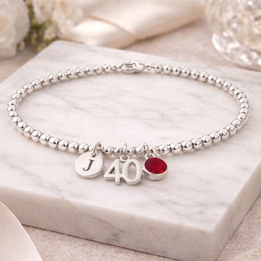 personalised 40th birthday bracelet silver with initial and birthstone