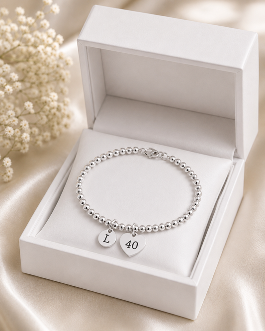 40th Birthday Gift for Her – Personalized Silver Bracelet with Initial & Birthstone
