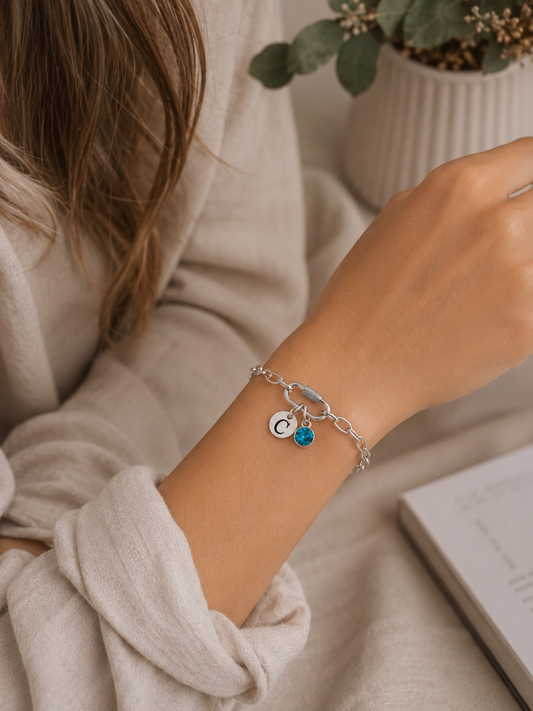 Personalised Silver Initial & Birthstone Chain Bracelet