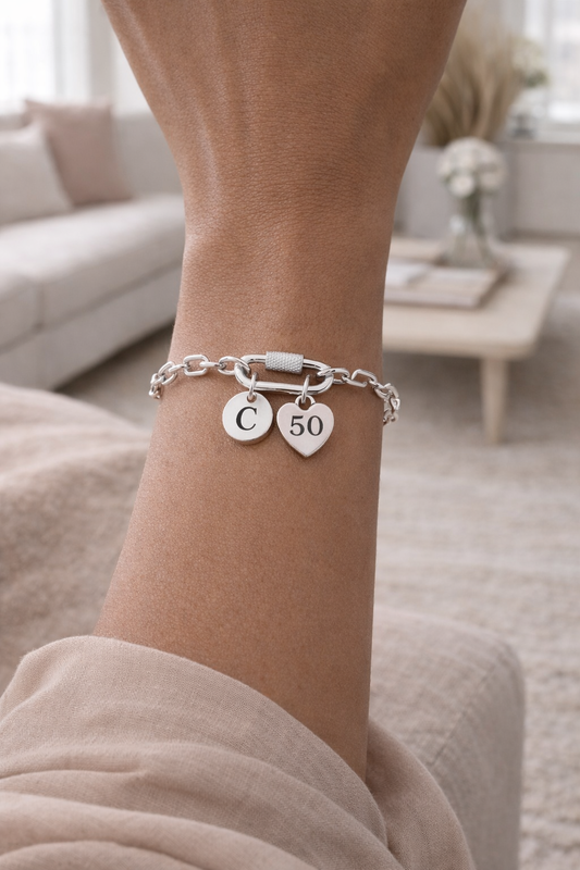 Personalised 50th Birthday Bracelet – Silver Initial & 50 Charm