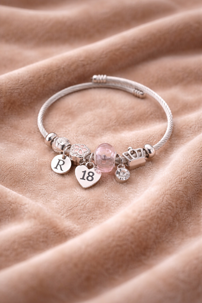 18th birthday silver beaded bracelet with 18 charm gift for her