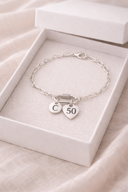 50th birthday bracelet for women, timeless keepsake jewelry displayed on neutral background
