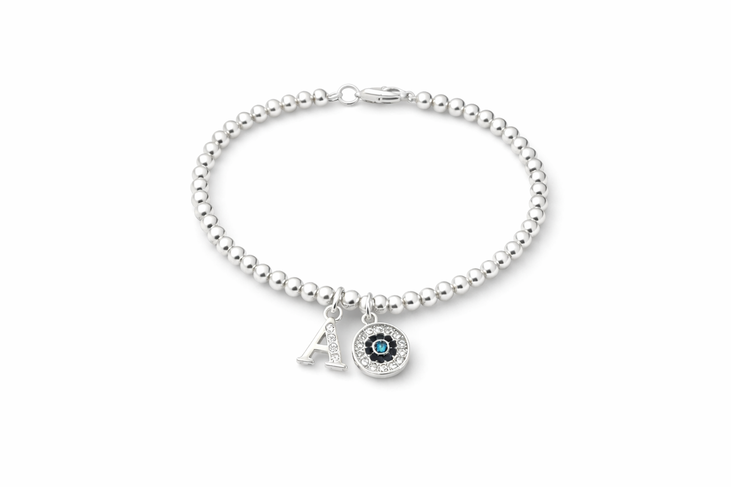 Close up of crystal initial charm bracelet for women