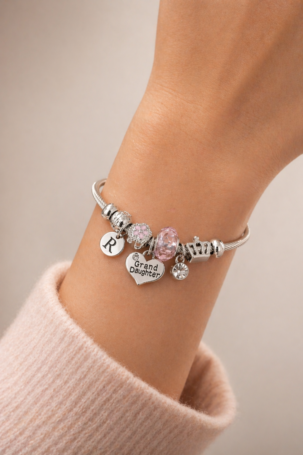 Custom initial charm bracelet for granddaughter birthday gift with pink charms