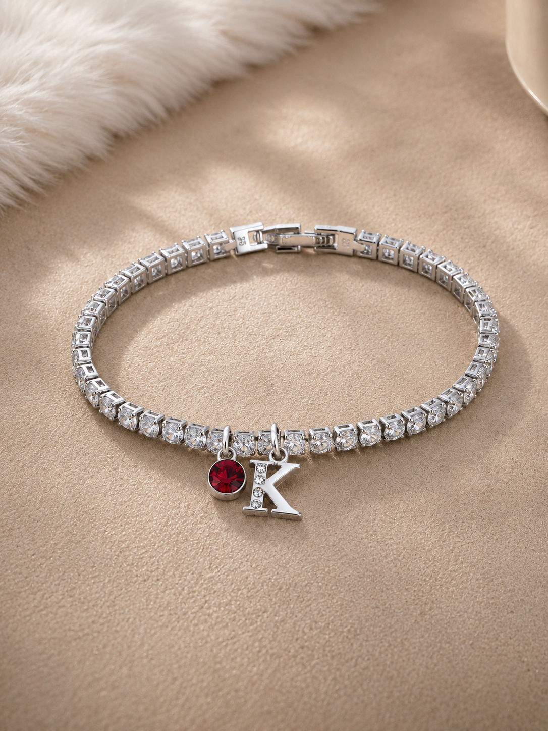 Custom silver initial and birthstone tennis bracelet