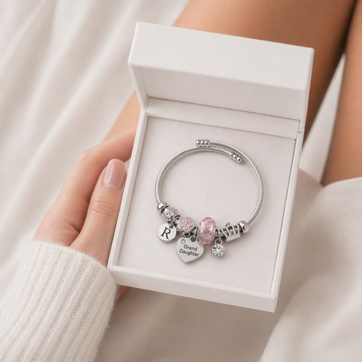Cute pink charm bracelet gift for granddaughter with custom initial and birthday theme