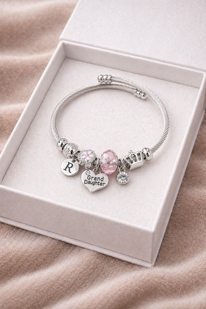 Granddaughter birthday bracelet with personalized initial and crystal charm