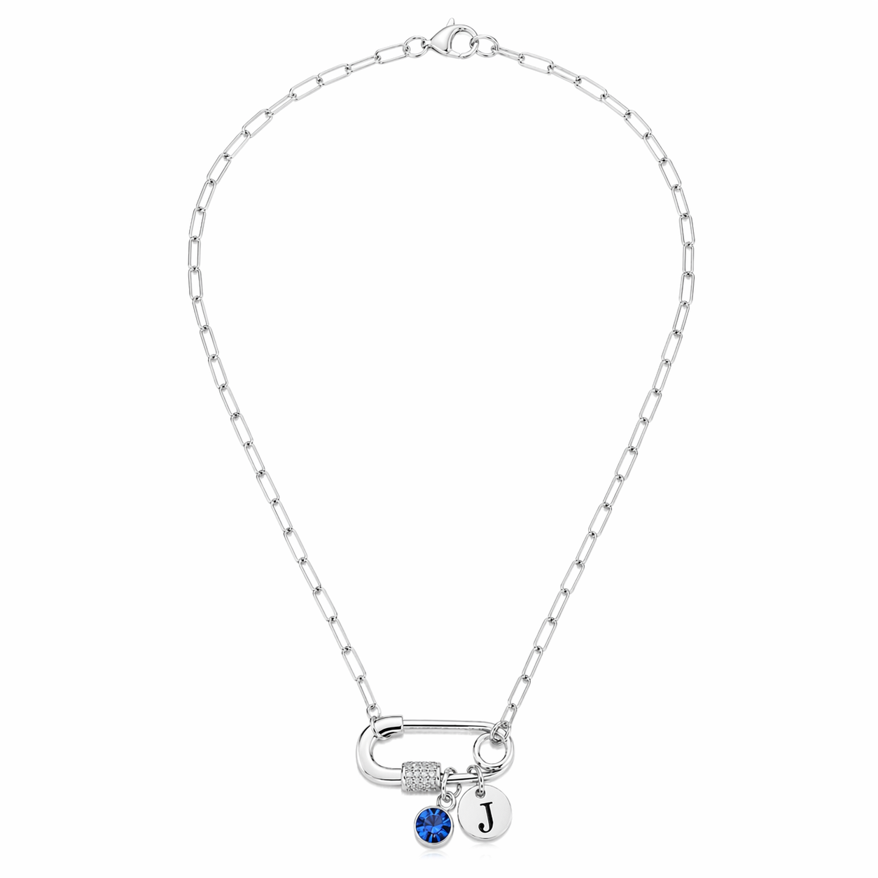 Initial charm and birthstone pendant on silver paperclip necklace