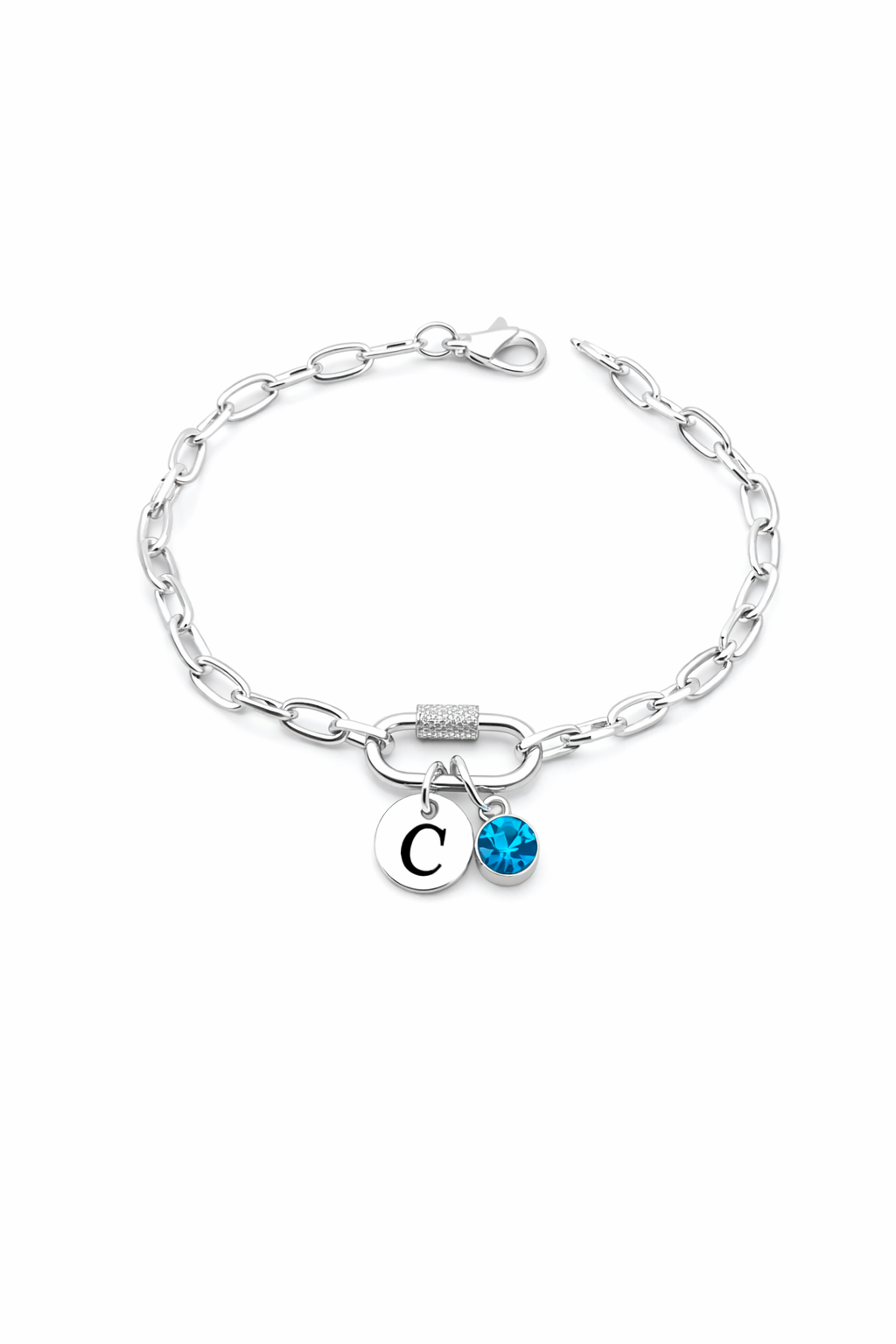 Personalised silver initial and birthstone bracelet presented in white gift box