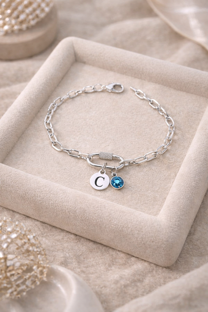 Personalised silver initial and birthstone chain bracelet with carabiner clasp