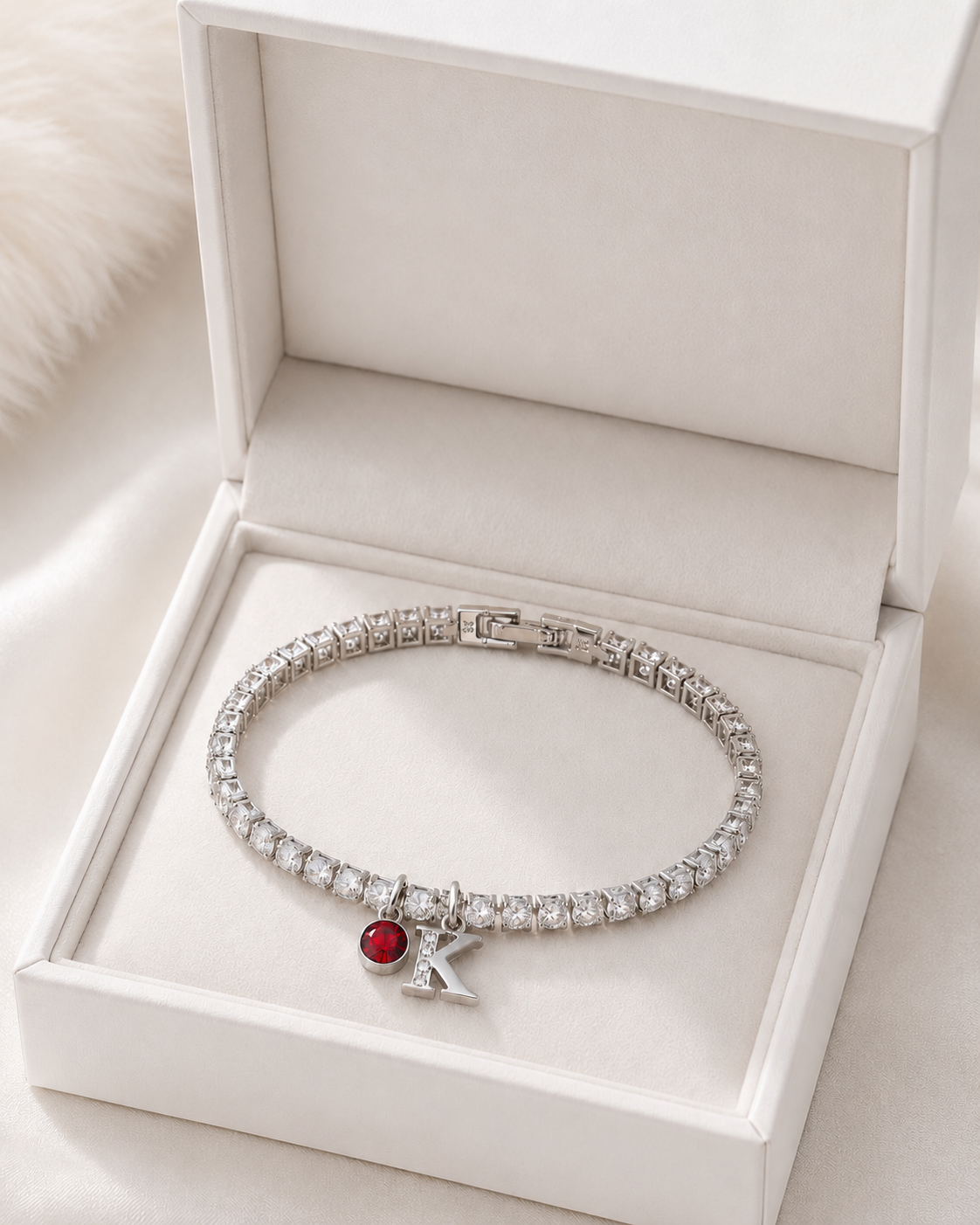 Personalised silver initial and birthstone tennis bracelet