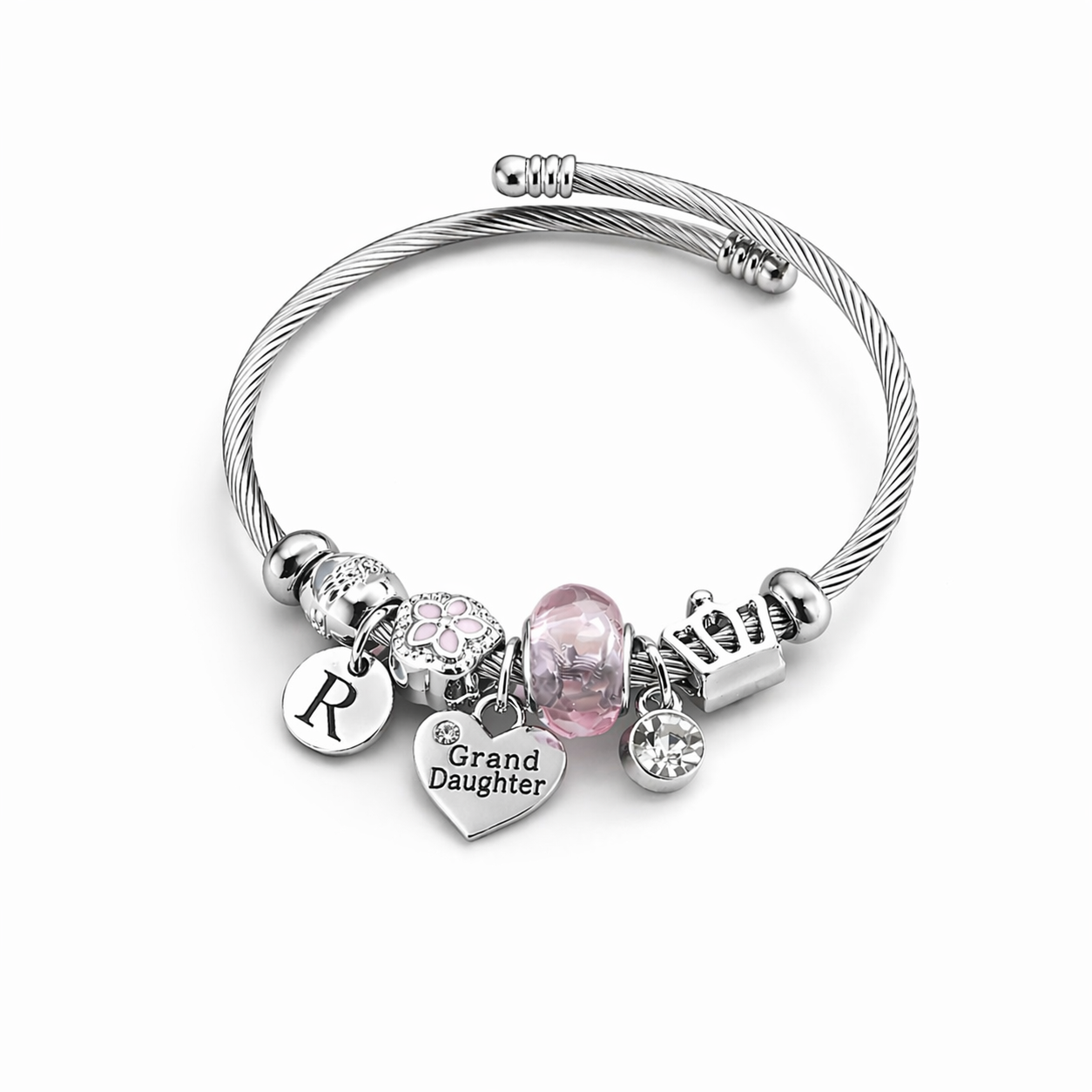 Personalized charm bracelet for granddaughter with crown, heart, and birthstone