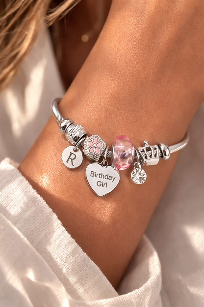 Personalized initial charm bracelet for girls with birthday girl charm and birthstone