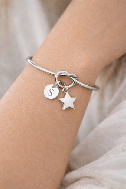 Personalized silver star initial bracelet with engraved letter charm