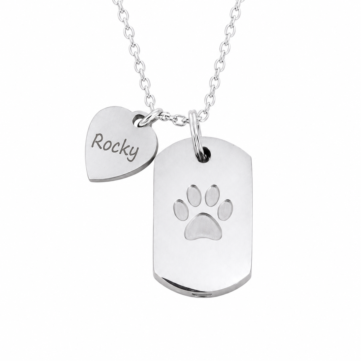 Premium titanium steel dog memorial necklace with custom engraved name charm and paw print pendant