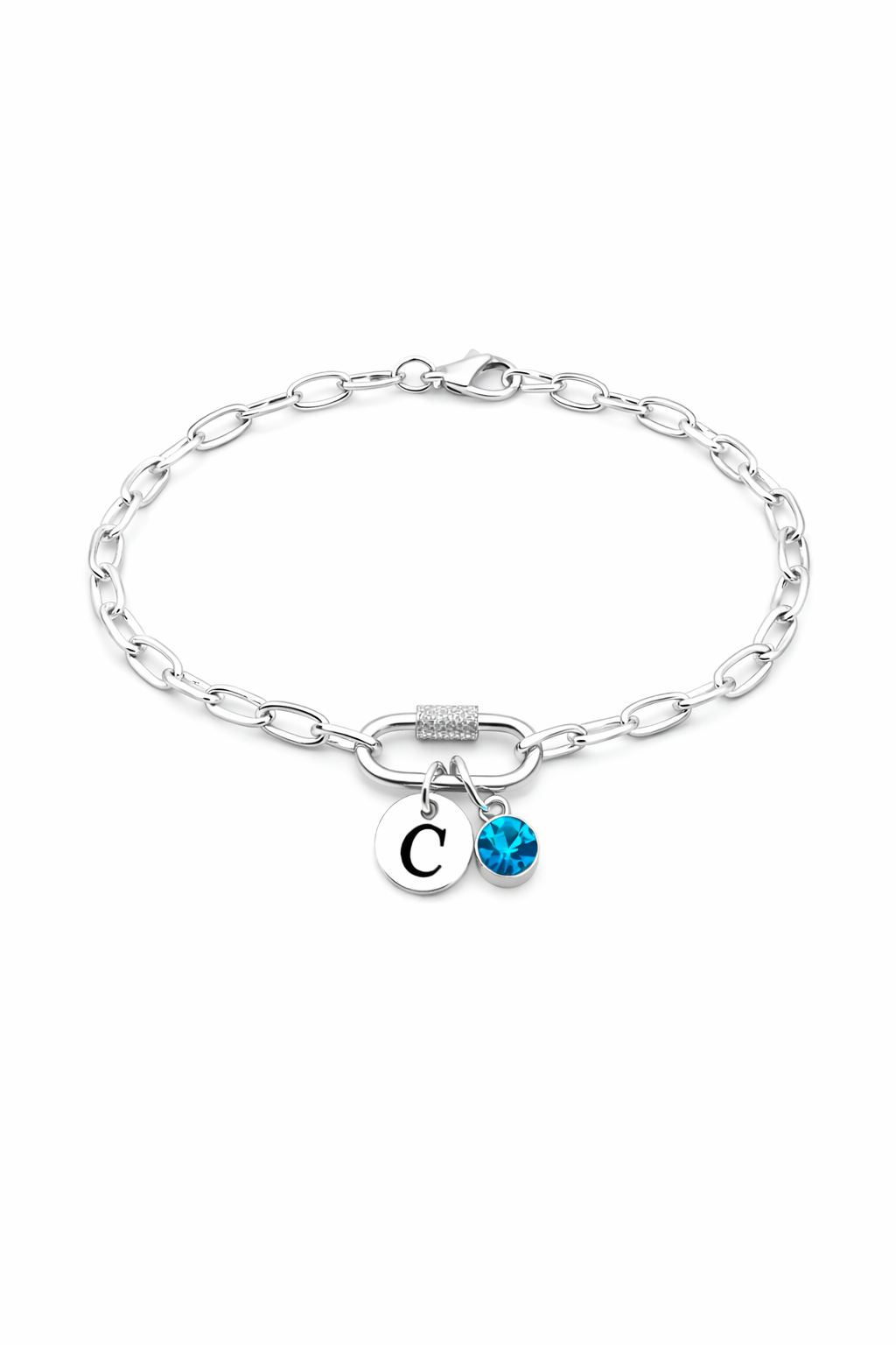 Silver-tone initial and birthstone chain bracelet styled for product photography