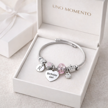 Silver charm bracelet with birthday girl heart charm and blue birthstone