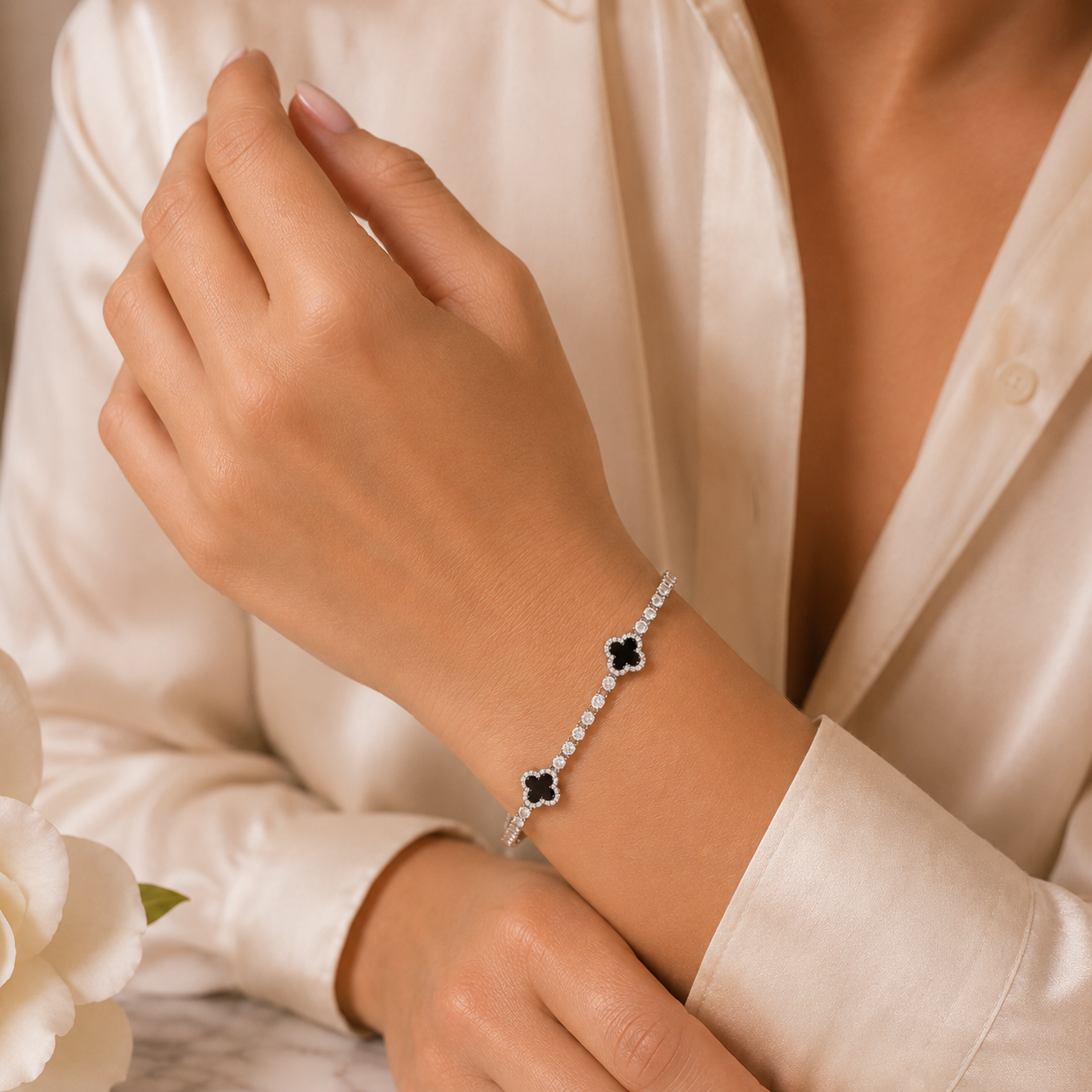 Three black clover silver tennis bracelet