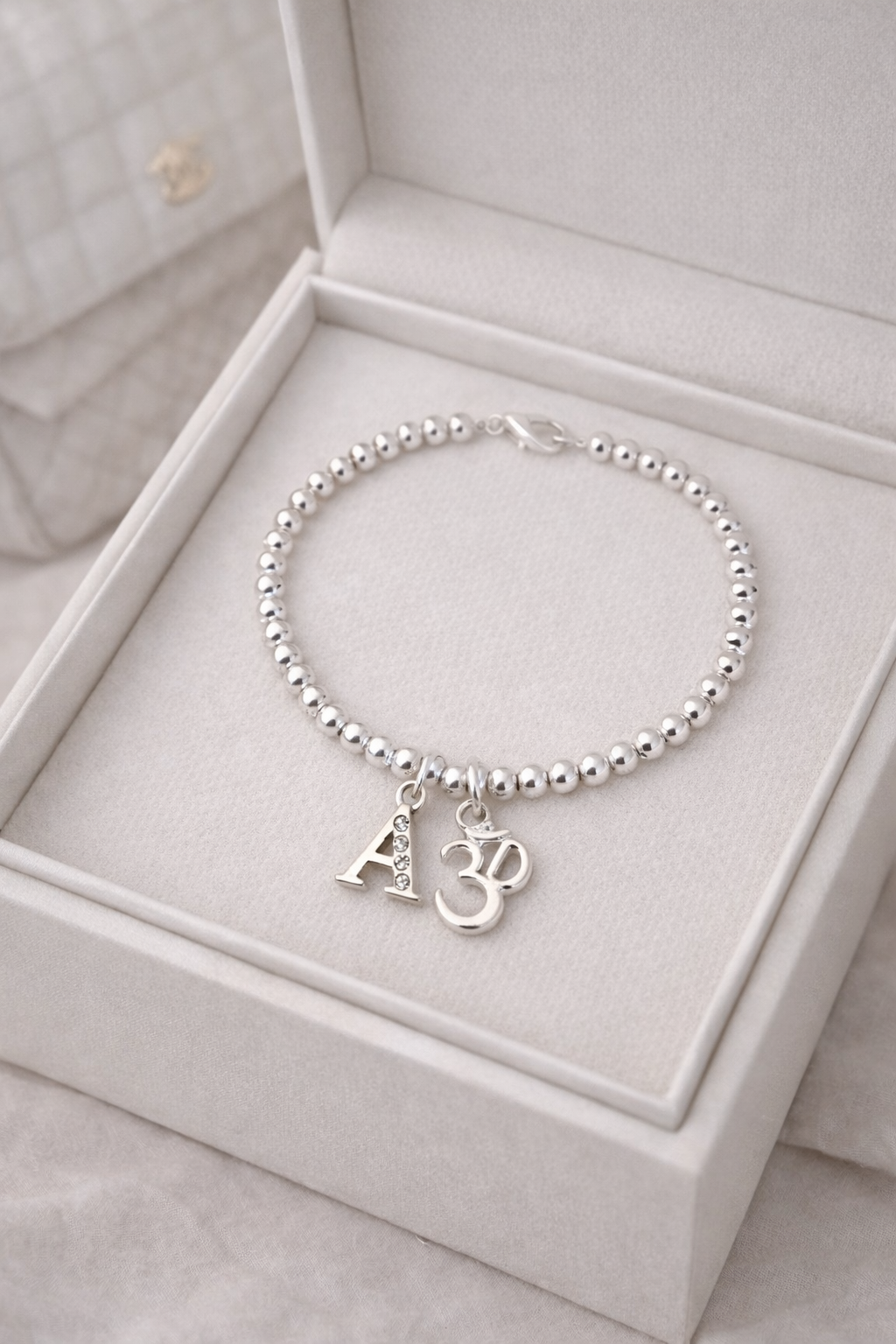 Personalised Silver Om Bracelet with Crystal & Initial – Spiritual Gift for Her