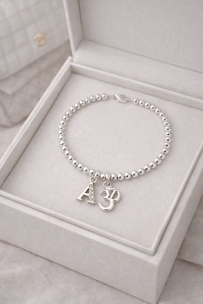 Personalised Silver Om Bracelet with Crystal & Initial – Spiritual Gift for Her