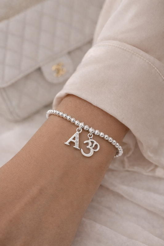 Personalised Silver Om Bracelet with Crystal & Initial – Spiritual Gift for Her