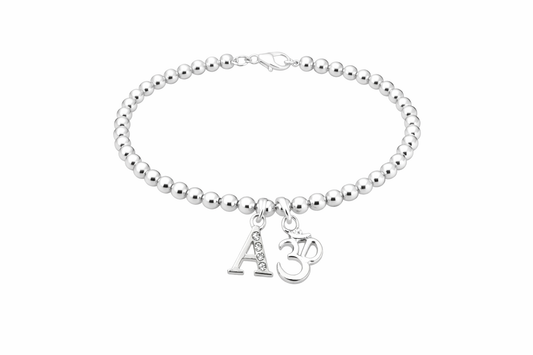 Personalised Silver Om Bracelet with Crystal & Initial – Spiritual Gift for Her
