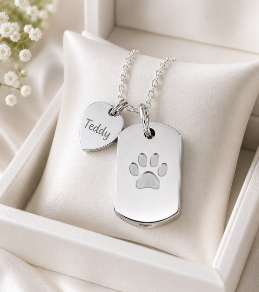 Luxury pet memorial necklace gift box with personalized dog ashes pendant and engraved heart charm