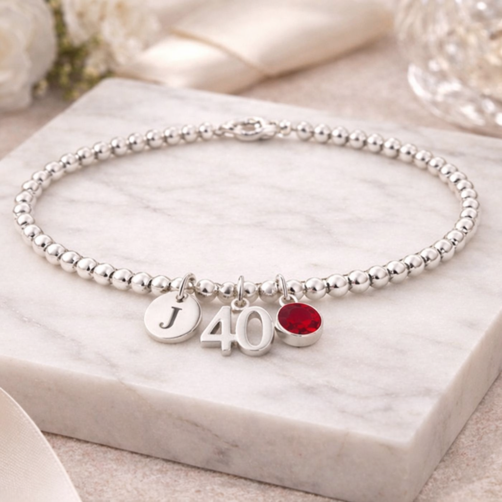 personalised 40th birthday bracelet silver with initial and birthstone