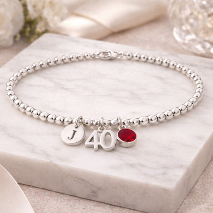 personalised 40th birthday bracelet silver with initial and birthstone