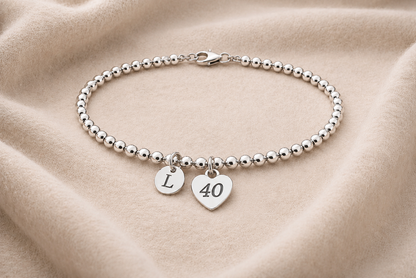 40th Birthday Gift for Her – Personalized Silver Bracelet with Initial & Birthstone