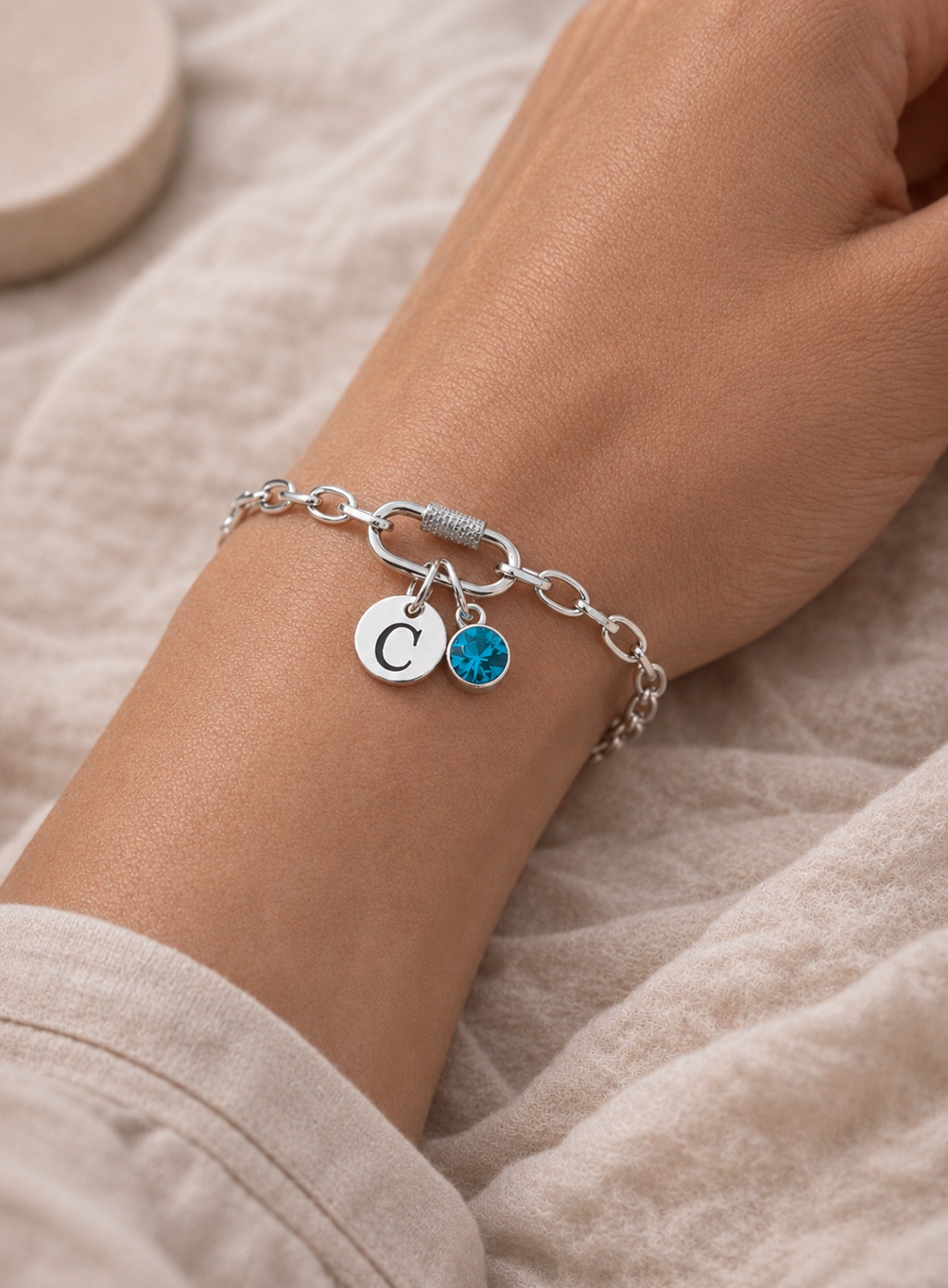 Personalised Silver Initial & Birthstone Chain Bracelet