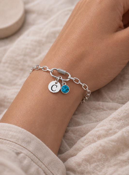 Personalised Silver Initial & Birthstone Chain Bracelet