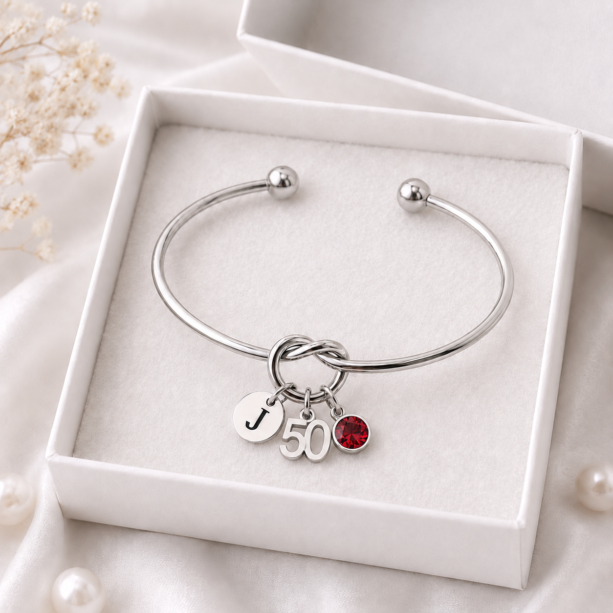 50th Birthday Bracelet for Her – Personalized Gift with Initial & Birthstone