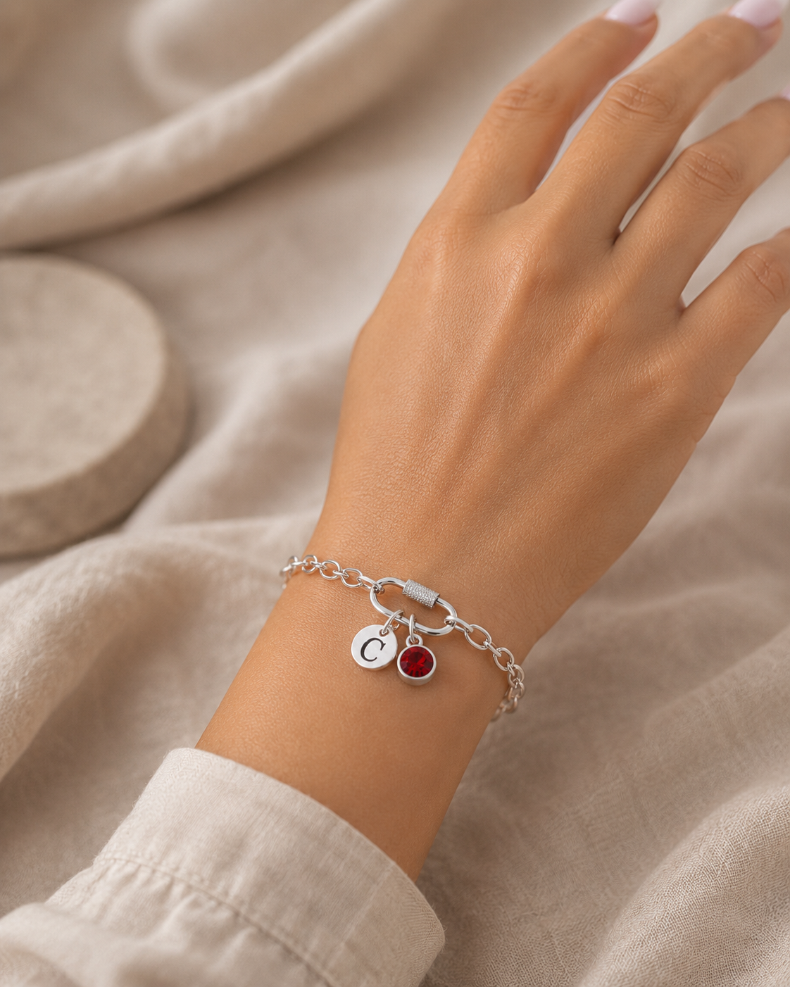 Personalised Silver Initial & Birthstone Chain Bracelet