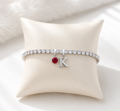 Personalised Silver Initial & Birthstone Tennis Bracelet