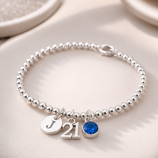 21st Birthday Bracelet for Women – Personalised Silver Gift with Initial & Birthstone