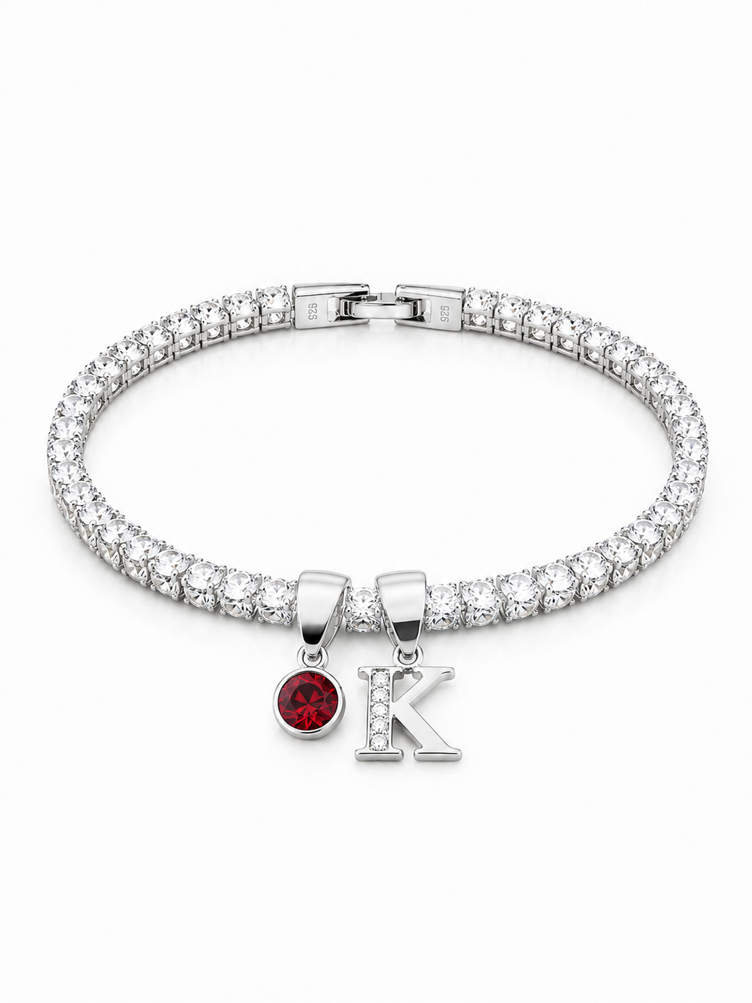 Personalised Silver Initial & Birthstone Tennis Bracelet