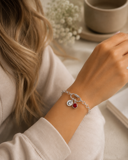 Personalised Silver Initial & Birthstone Chain Bracelet