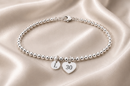 30th Birthday Gift for Her – Personalized Silver Bracelet with Initial & Birthstone