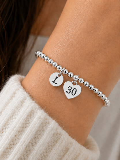 30th Birthday Gift for Her – Personalized Silver Bracelet with Initial & Birthstone