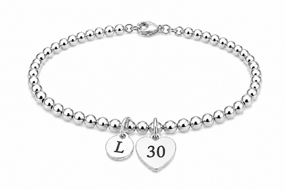 30th Birthday Gift for Her – Personalized Silver Bracelet with Initial & Birthstone