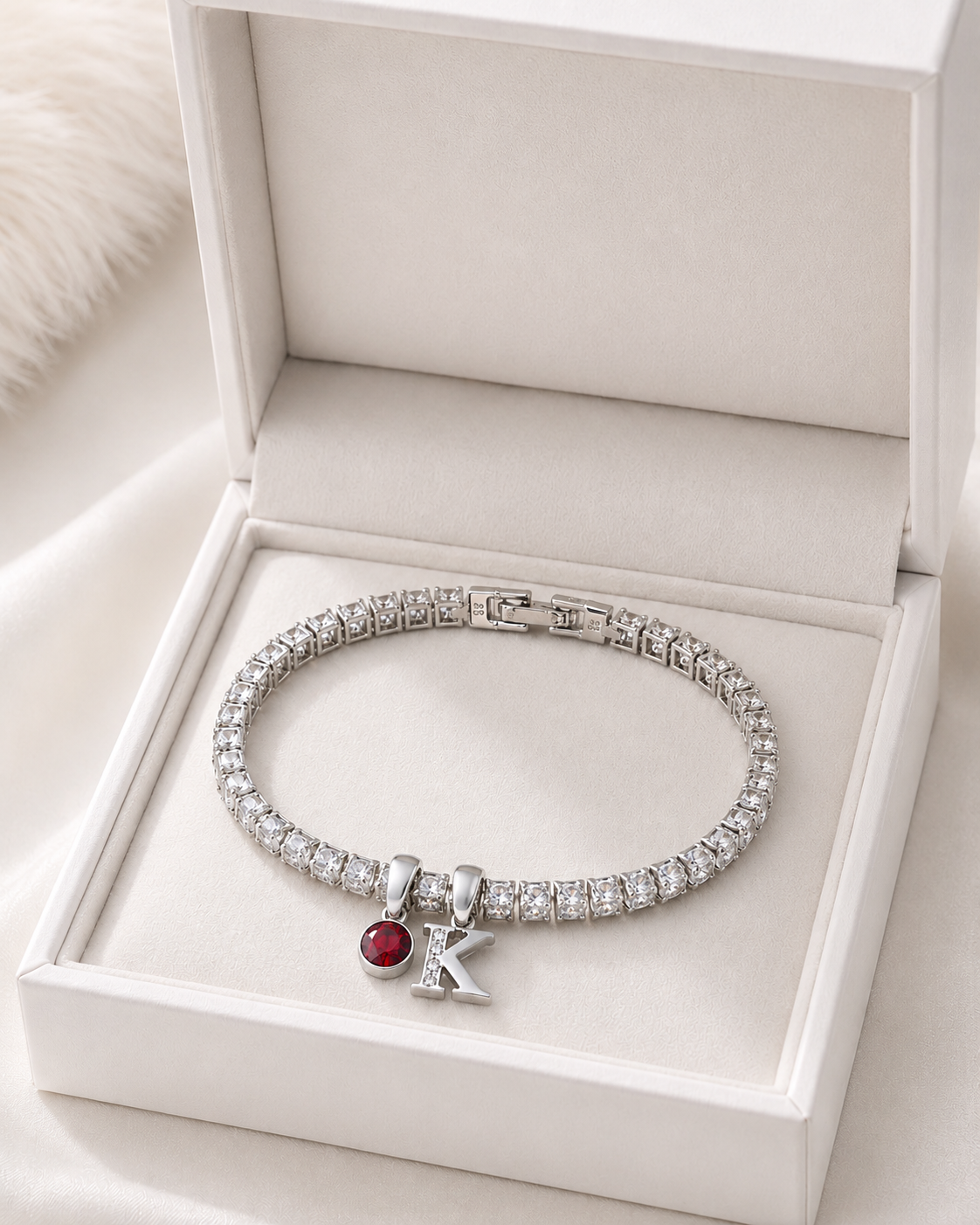 Personalised Silver Initial & Birthstone Tennis Bracelet