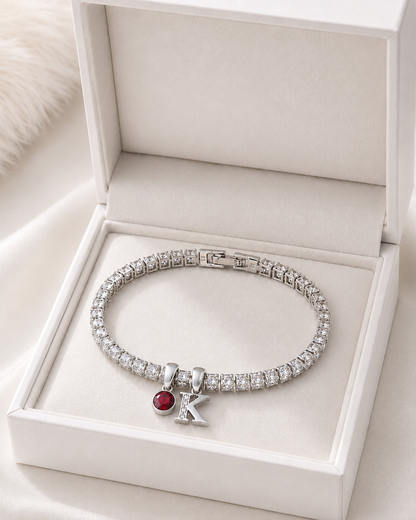 Personalised Silver Initial & Birthstone Tennis Bracelet