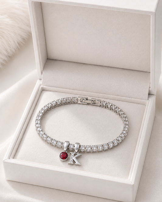 Personalised Silver Initial & Birthstone Tennis Bracelet