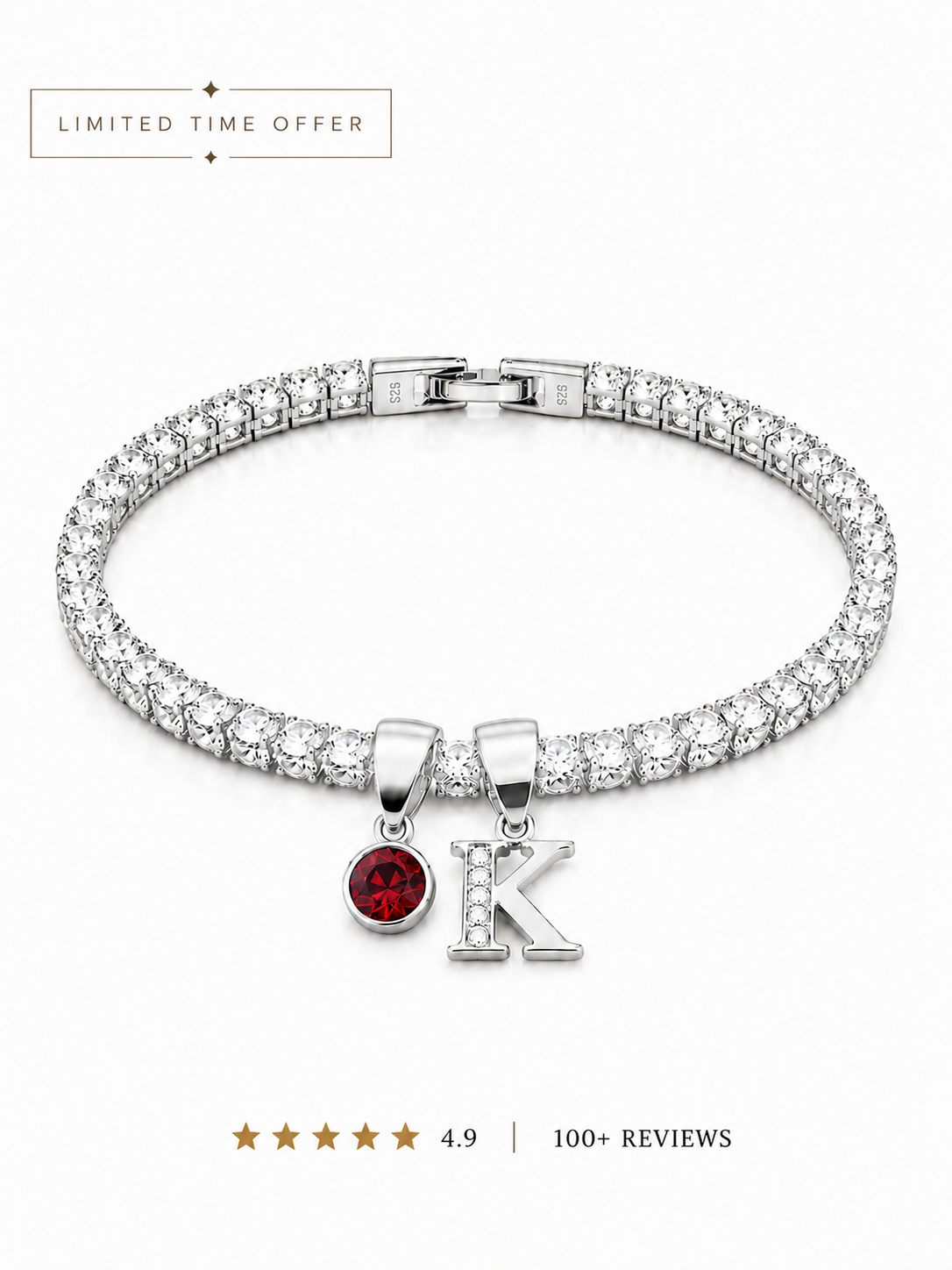 Personalised Silver Initial & Birthstone Tennis Bracelet