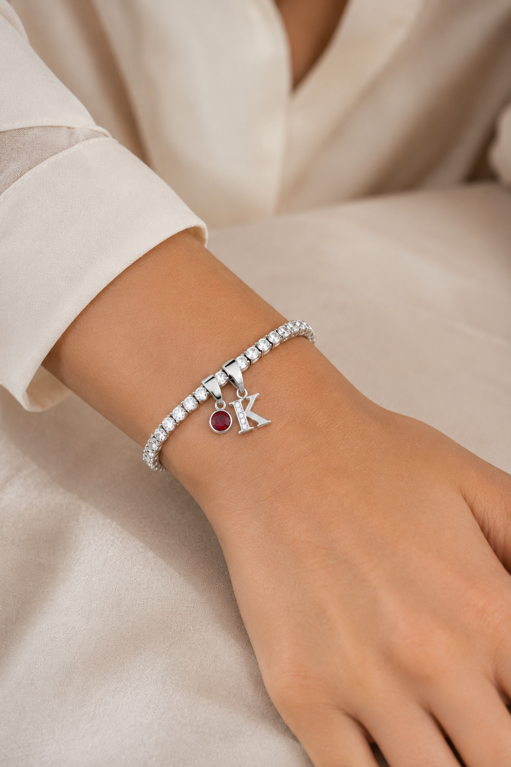 Personalised Silver Initial & Birthstone Tennis Bracelet