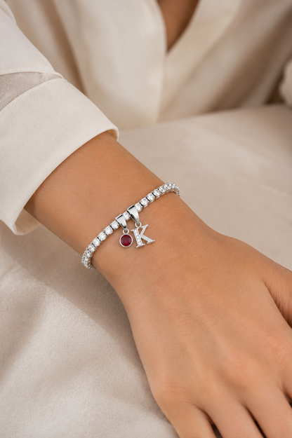 Personalised Silver Initial & Birthstone Tennis Bracelet