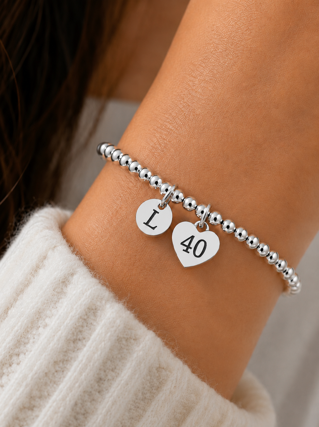 40th Birthday Gift for Her – Personalized Silver Bracelet with Initial & Birthstone